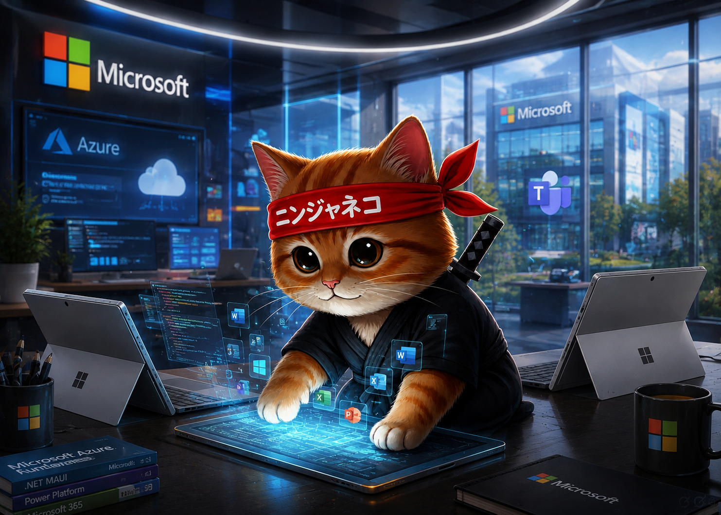 Illustration of NINJACAT in a technology office setting