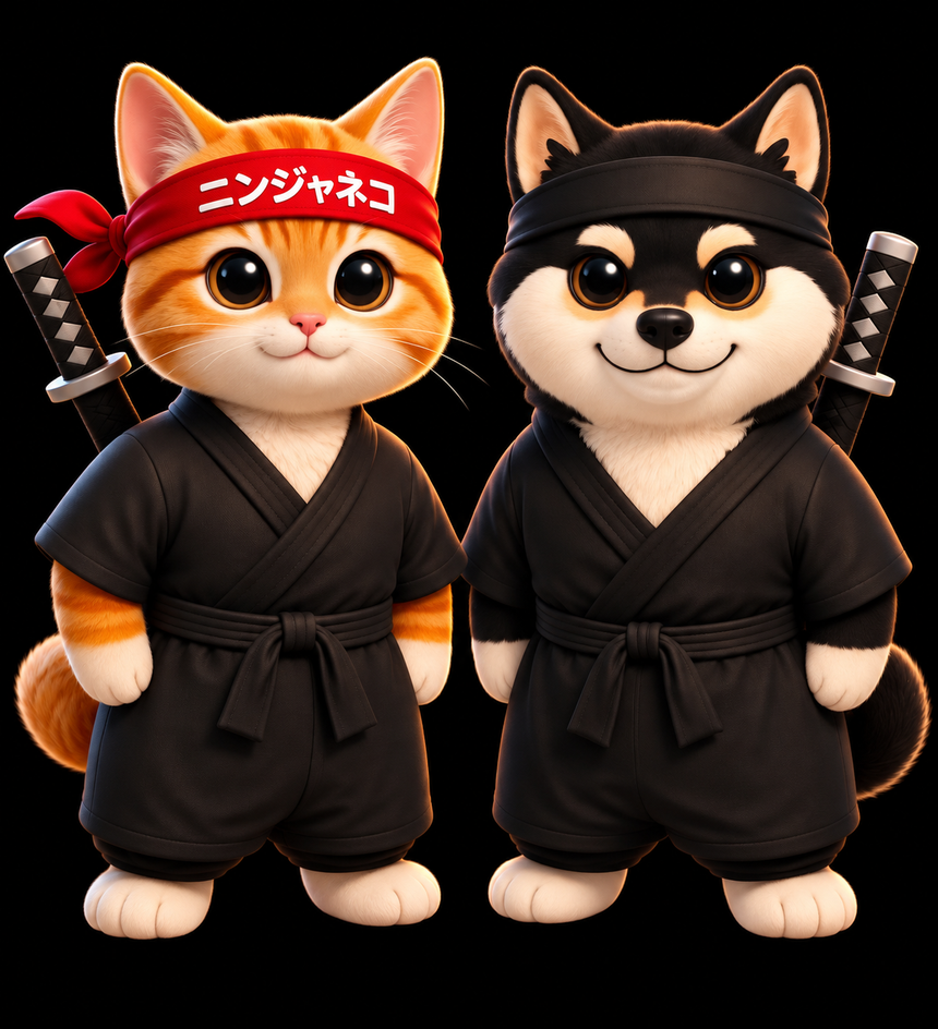 NINJACAT alongside a ninja shiba
