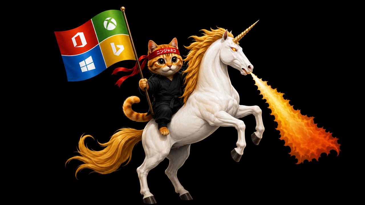 The original 2014 Microsoft Meme: Ninja Cat riding a fire-breathing unicorn holding the Windows flag