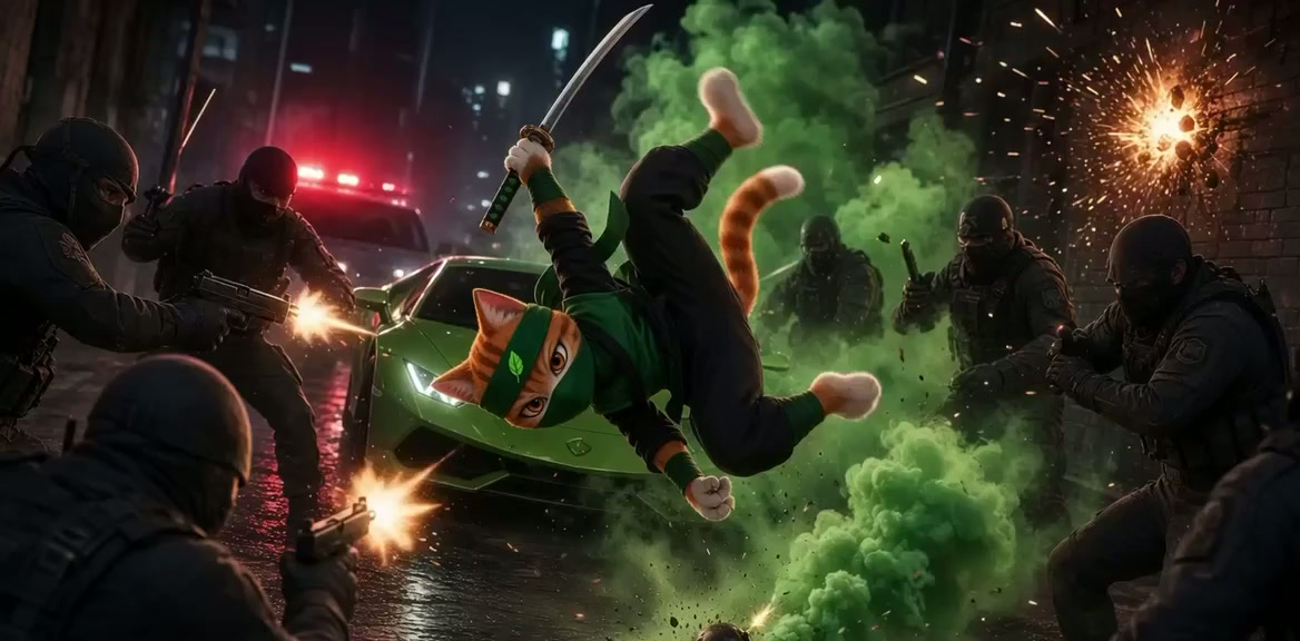 NinjaCat Ready for Battle shinobi stance in ancient Kyoto